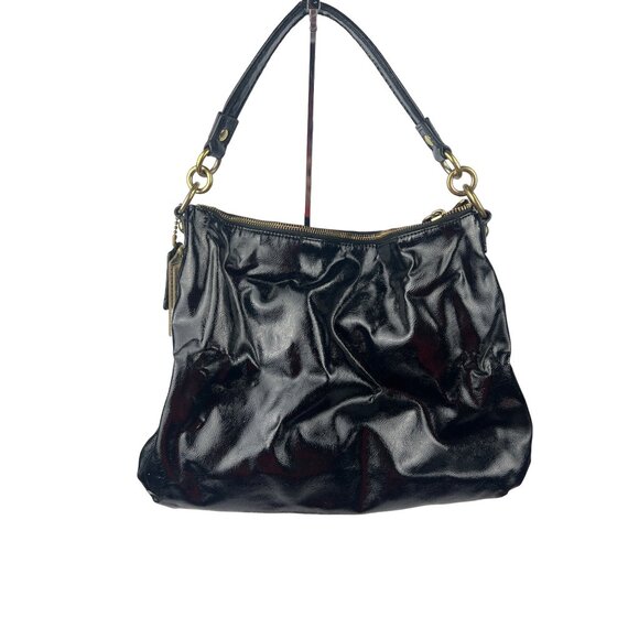 Coach Daisy Patent Leather Gloss Shoulder Bag Black Gold Zip Pendant - Picture 13 of 15